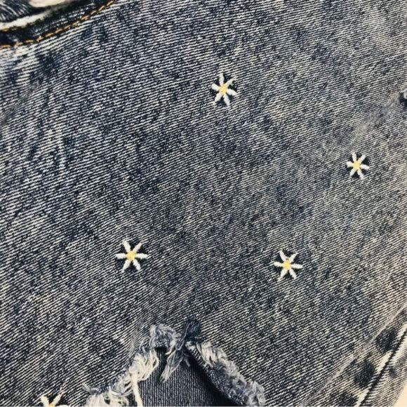 EASEL High Rise Floral Embroidered Distressed Straight Leg Drawstring Jeans Sz L - Picture 7 of 10